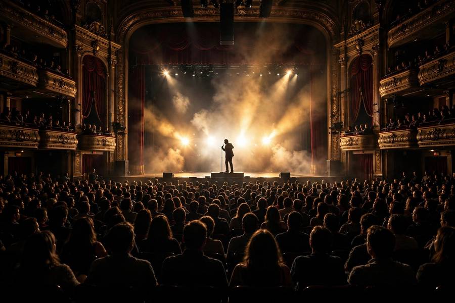 Legendary comedian performing on iconic theater stage to packed crowd