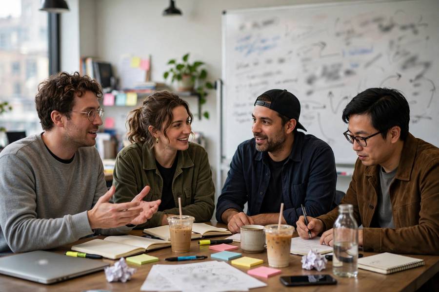 Comedy writers collaborating around table in writers room with whiteboard