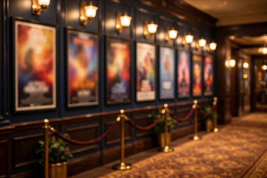 Row of comedy special posters in theater lobby