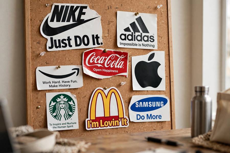 Collection of famous brand logos and slogans