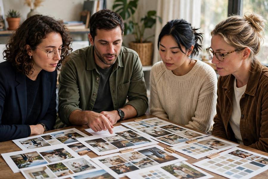 Marketing team analyzing famous brand campaigns