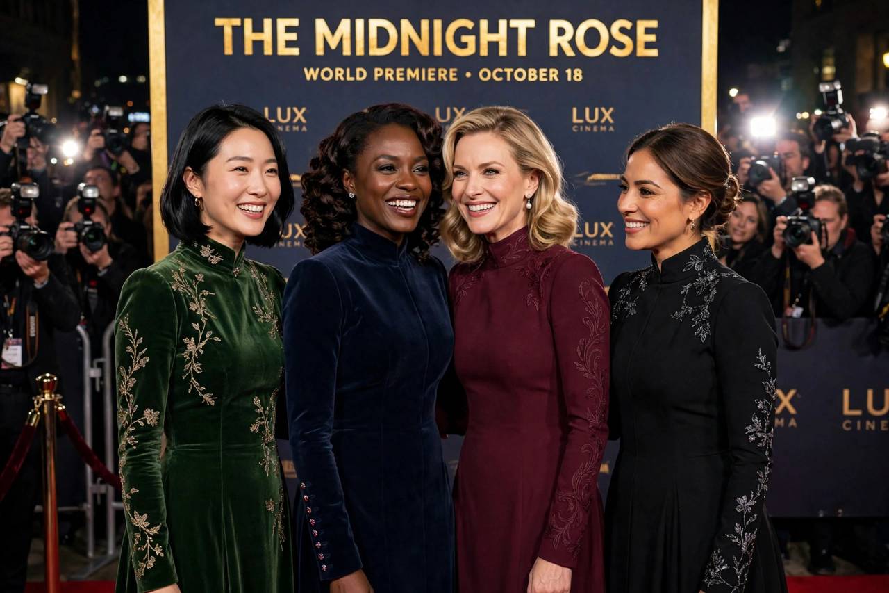 Stars posing at movie premiere photocall with flashing cameras, glamorous night, photorealistic