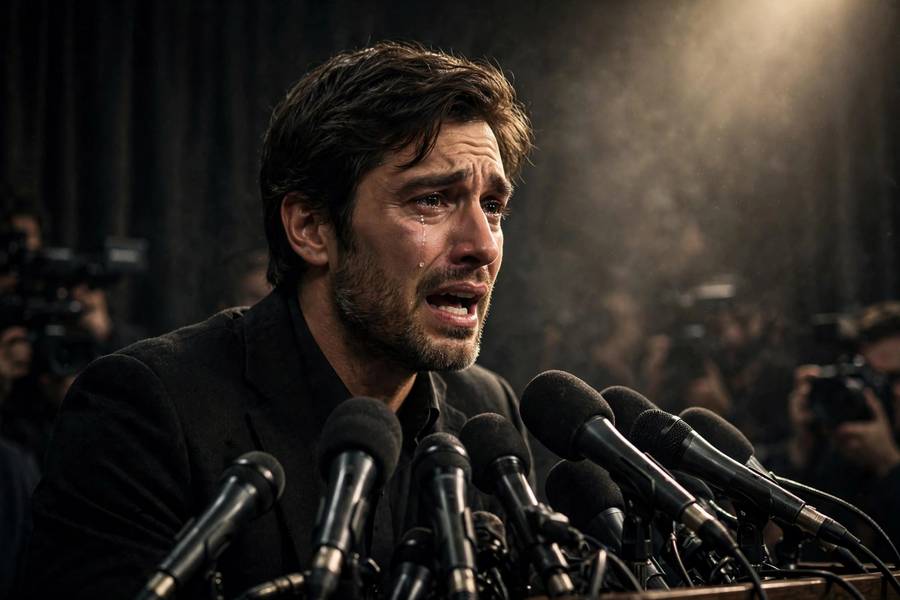 Emotional actor speaking at press conference, heartfelt moment, microphones, photorealistic