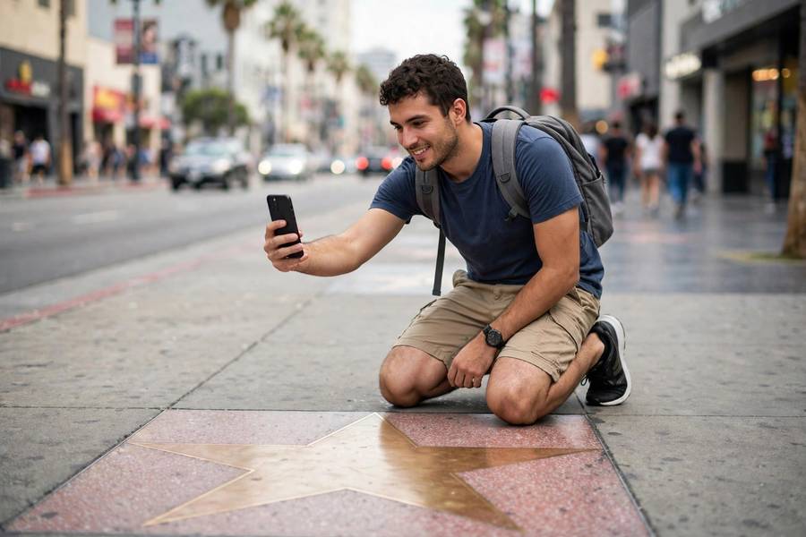 Tourist taking a photo with a famous Walk of Fame star