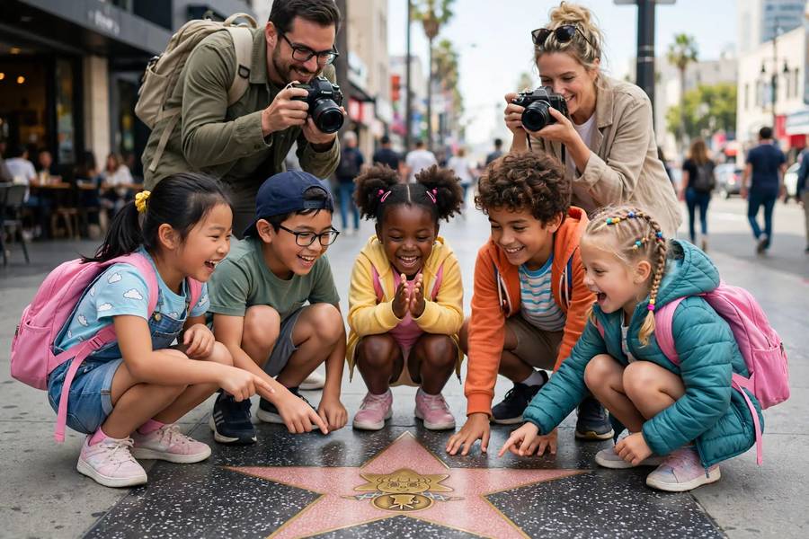 Children posing with a fictional character's star