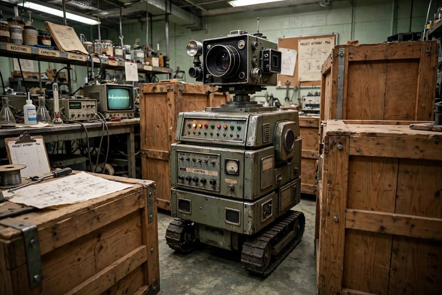 Shakey the robot navigating around blocks in a 1960s lab