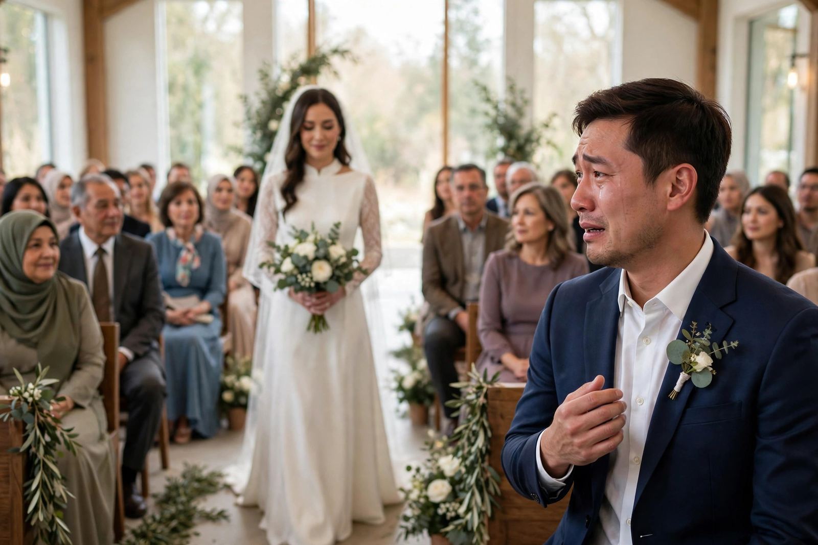 Emotional groom reacting as bride walks down the aisle