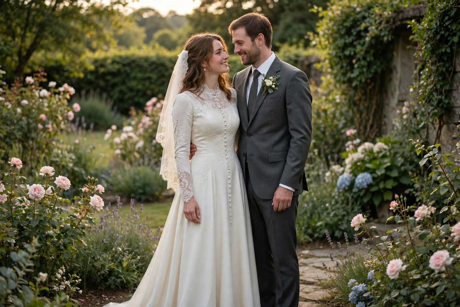 Newlywed couple taking portraits together before the ceremony