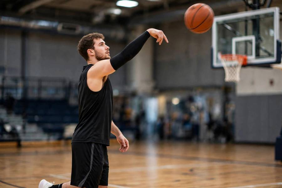 Photorealistic side photo of a shooter holding full follow-through pose as ball arcs toward basket