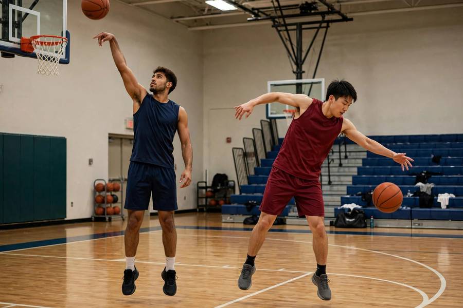 Photorealistic image comparing good vs flawed follow-through, two players shooting, indoor court