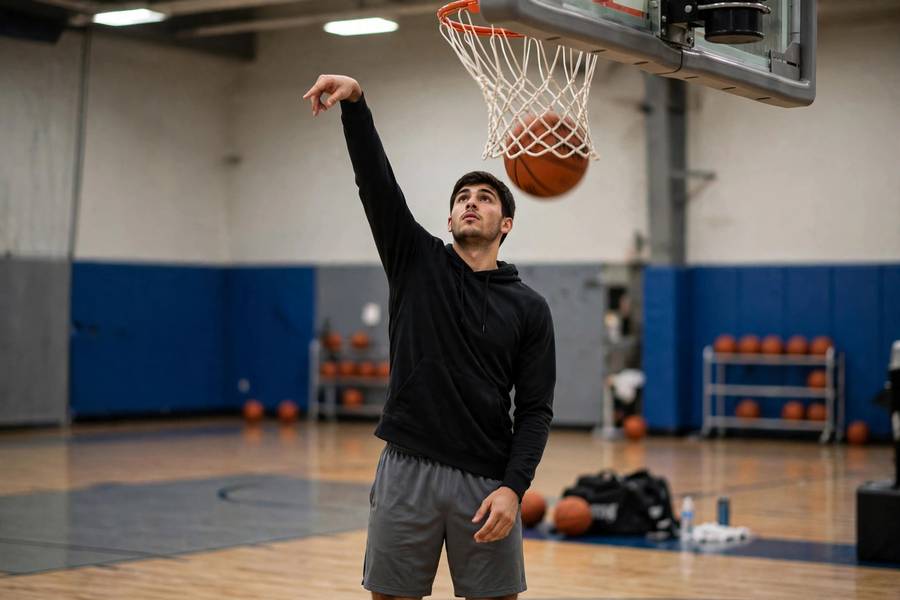Photorealistic photo of a player doing freeze-drill form shooting close to the basket, holding the finish