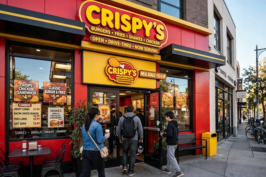 A franchise restaurant storefront with customers entering