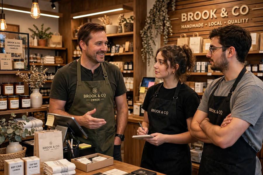 A franchise owner talking with staff inside the store
