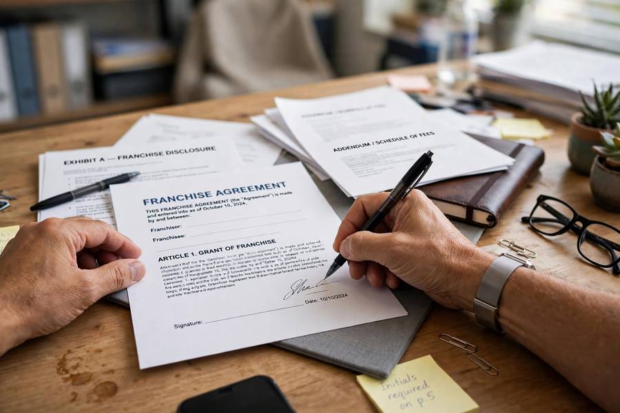 Signing franchise agreement documents