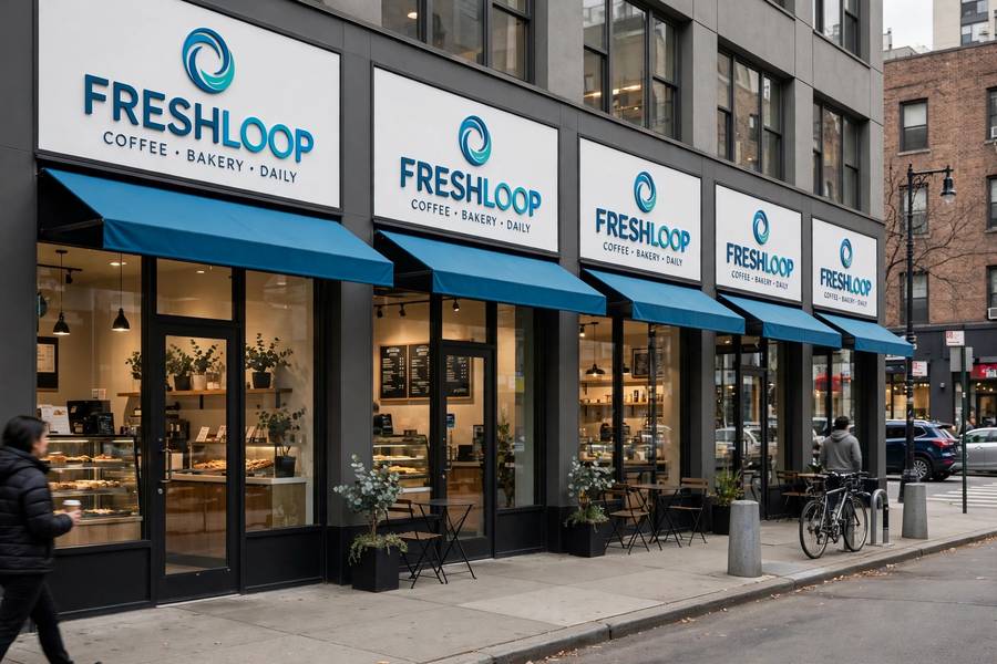 A row of franchise storefronts with consistent branding
