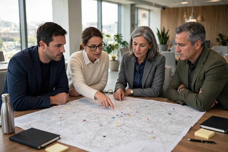 Franchise corporate headquarters with executives reviewing expansion maps