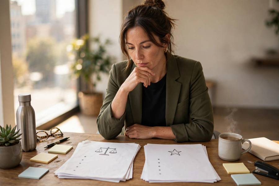 Business owner weighing franchise vs independent options at a desk