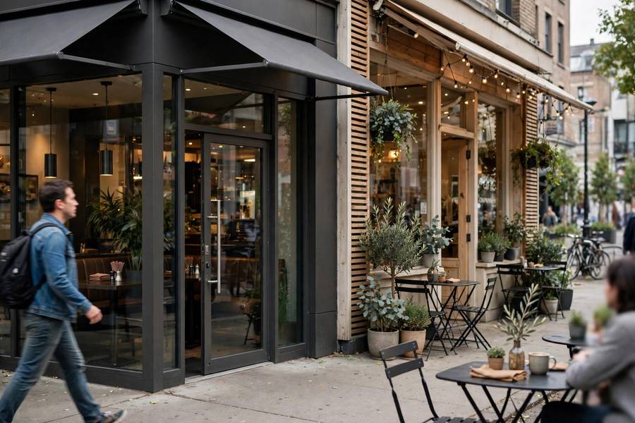 Franchise restaurant storefront next to an independent cafe
