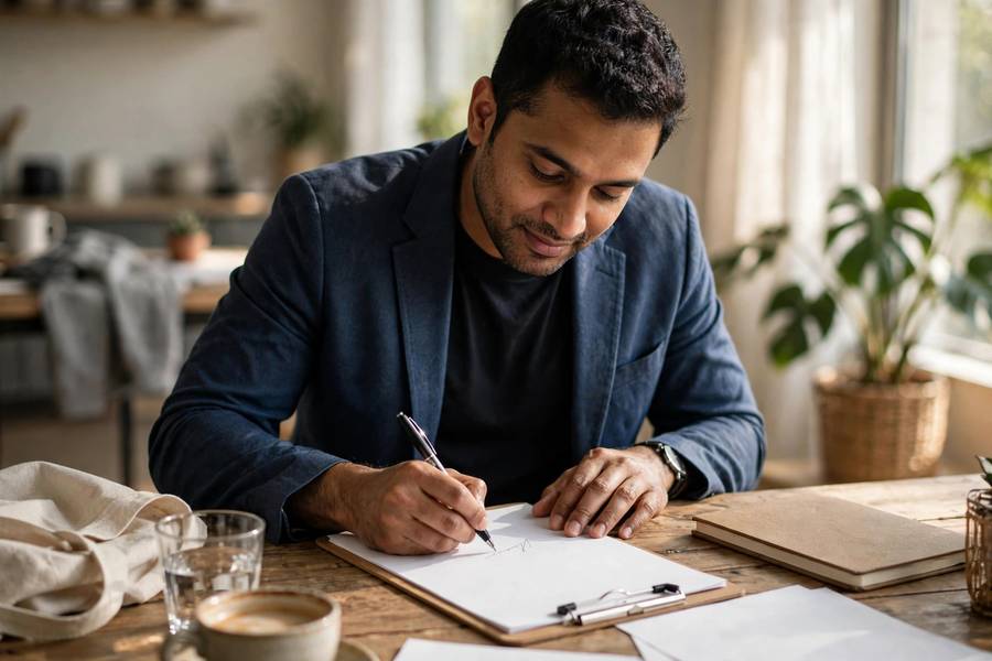 Entrepreneur signing business documents for a new venture