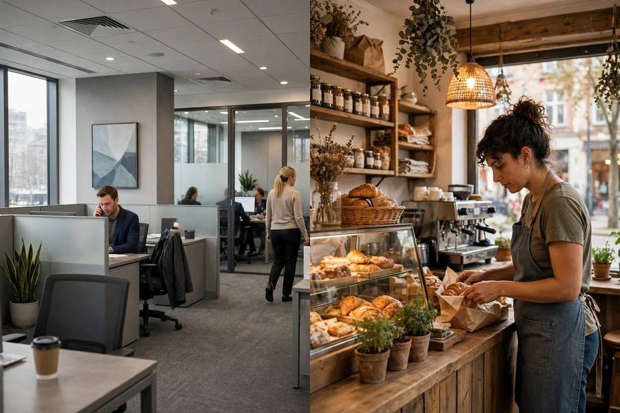 Split image showing corporate franchise office and small business