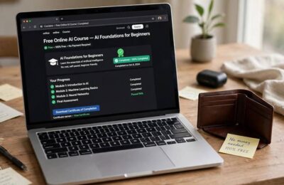 A laptop showing a free online AI course with certificate next to a wallet