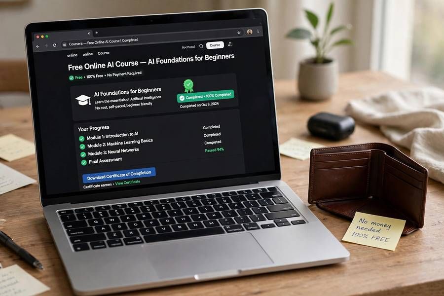 A laptop showing a free online AI course with certificate next to a wallet