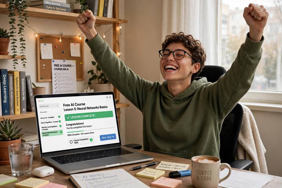 A student celebrating with a printed free AI course certificate at home