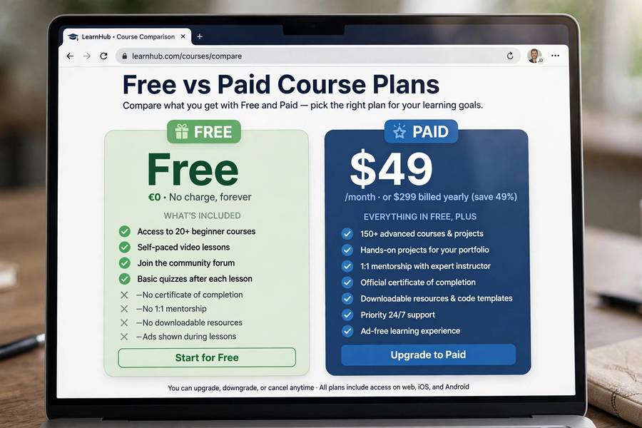 A computer screen comparing free versus paid AI course options