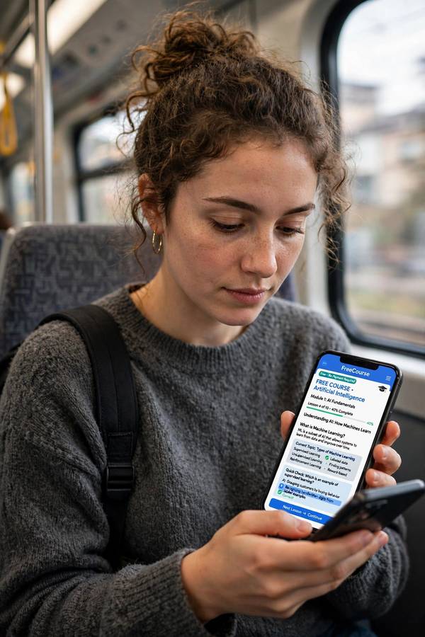 A person learning AI on a phone with a free course app during a commute