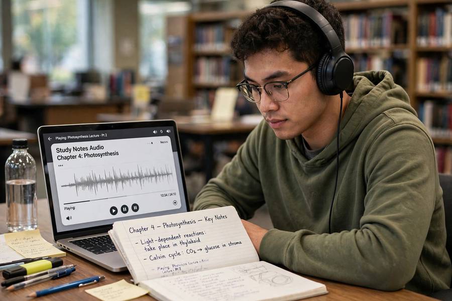 Student using a free text to speech tool online to listen to study notes