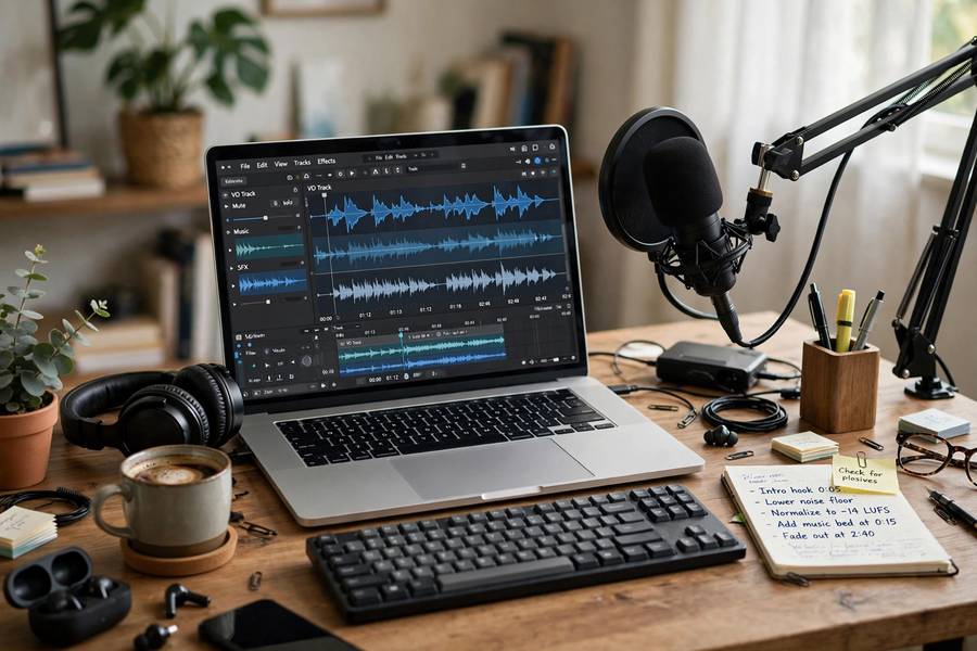 Content creator editing audio generated with a free text to speech tool
