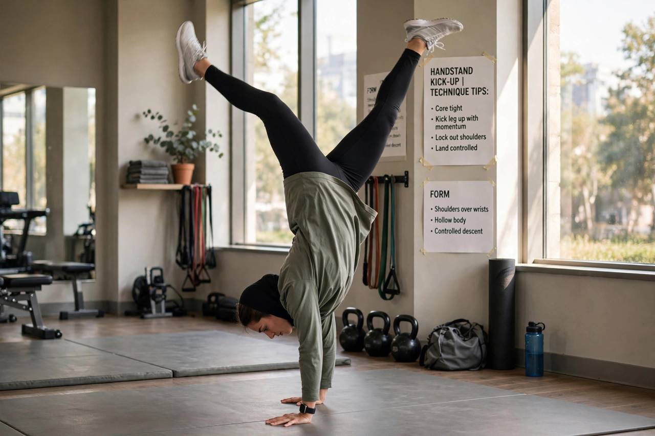 Athlete practicing a freestanding handstand kick-up on a gym mat