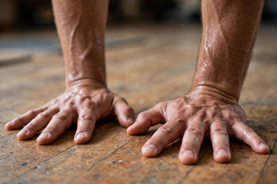 Close view of hand placement and finger spread during a handstand