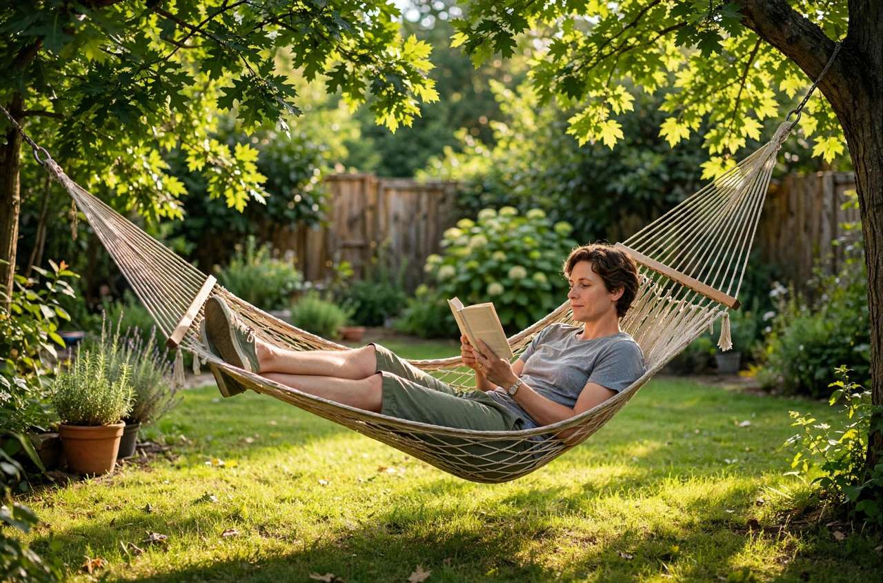 Person reading in a hammock in a sunny backyard on a summer afternoon