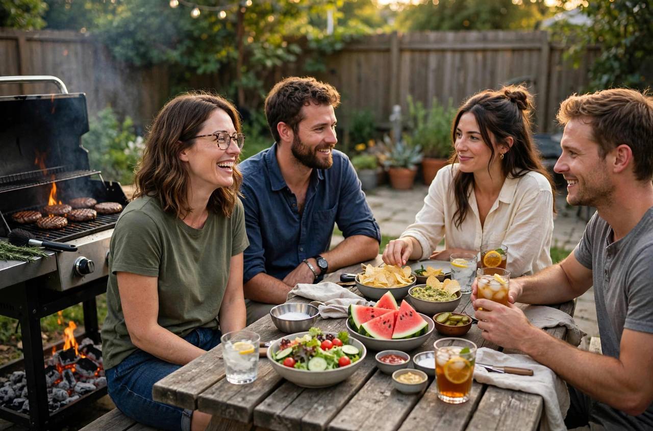 Family having a backyard barbecue cookout on a warm summer day