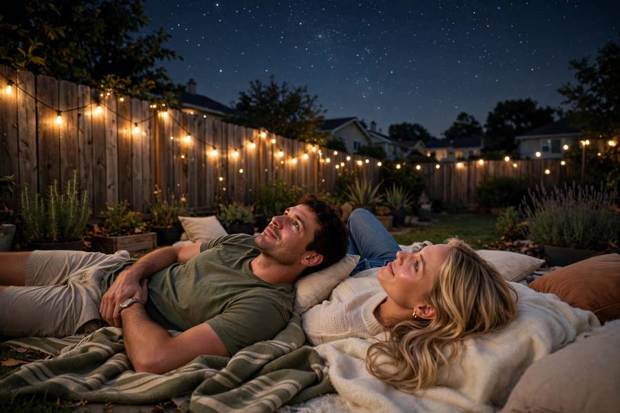 Couple stargazing from blankets in their backyard on a summer night