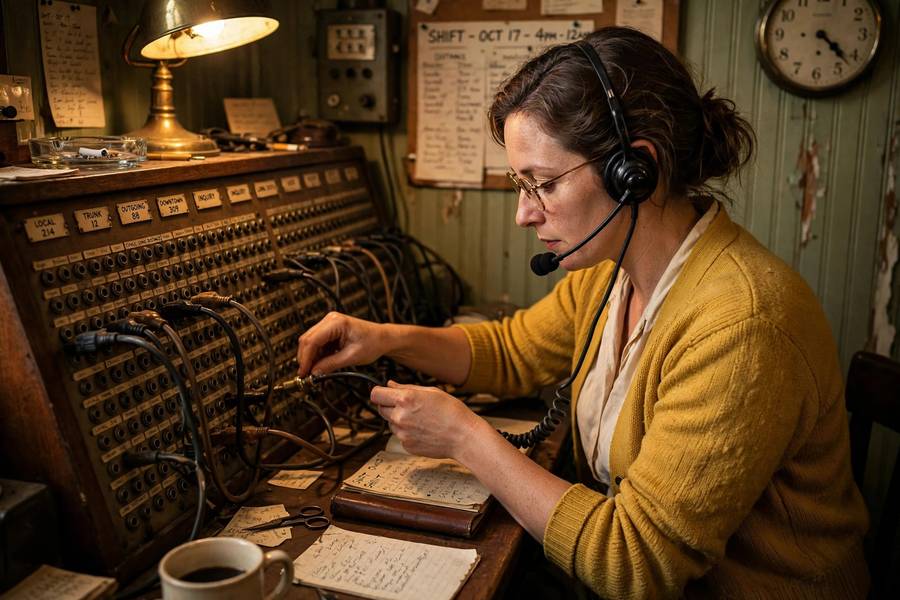 Vintage switchboard metaphor for function calling AI routing requests to the right function