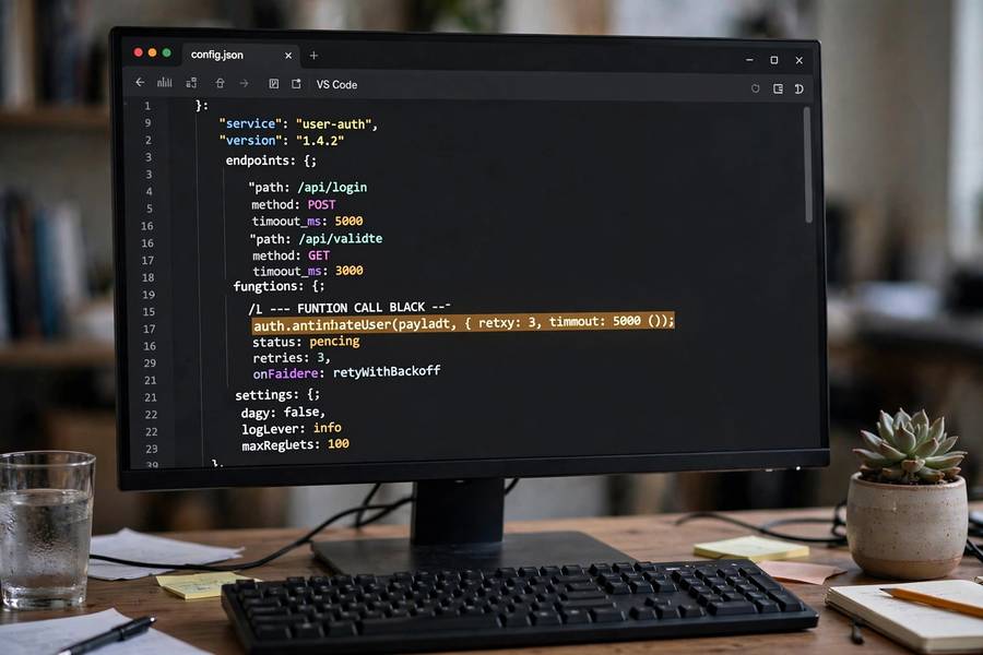 Structured function call in JSON format on a developer's monitor