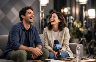 Actors laughing during a press junket — one of the funniest press tour moments