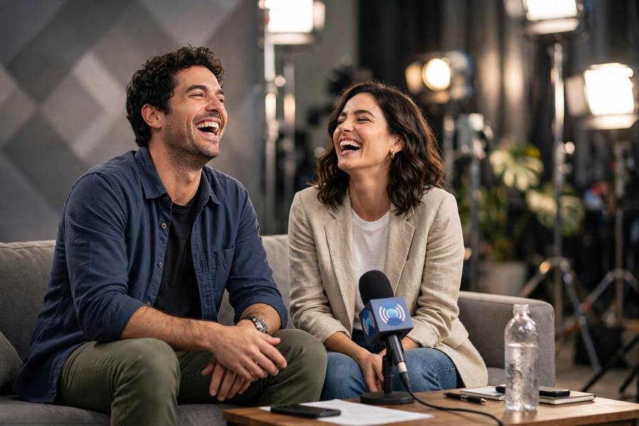 Actors laughing during a press junket — one of the funniest press tour moments