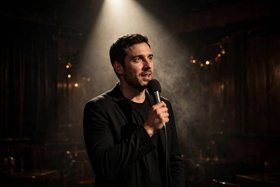 A stand-up comedian performing on stage under a single spotlight with a microphone