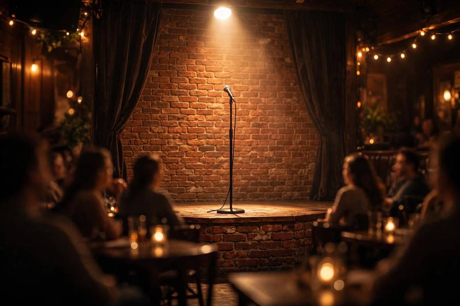 A packed comedy club audience laughing with drinks raised during a live show