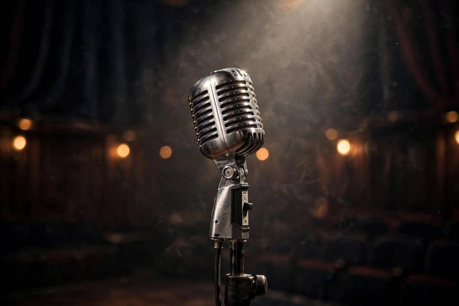 A close-up of a vintage microphone on a dark comedy club stage
