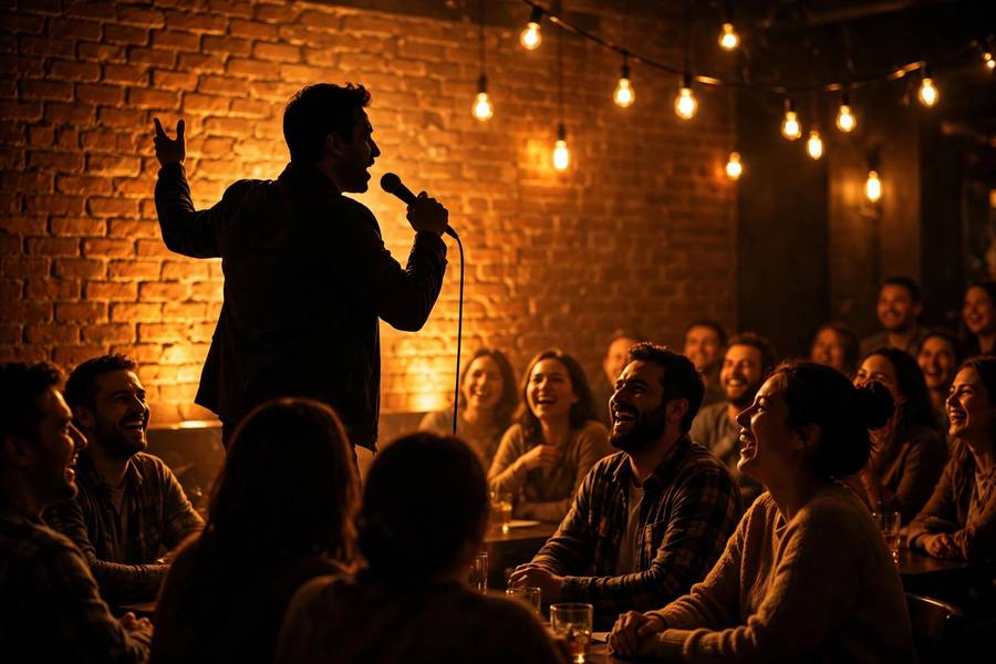 A comedian silhouetted against a brick wall telling jokes to a laughing crowd