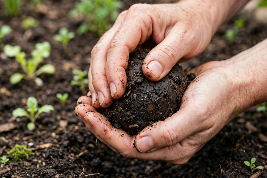 Hands performing the squeeze test on moist garden soil to check soil type
