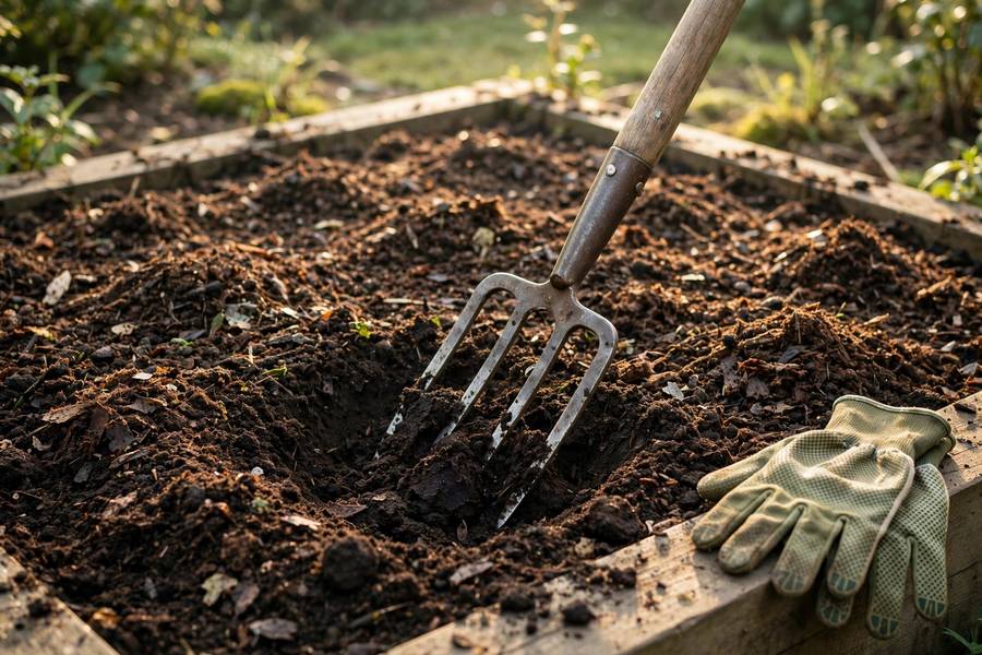 Garden fork loosening dark rich soil in a bed being prepared with compost on top