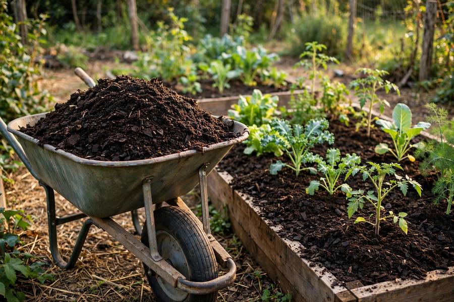 Wheelbarrow of finished compost beside a vegetable bed being top-dressed in afternoon light