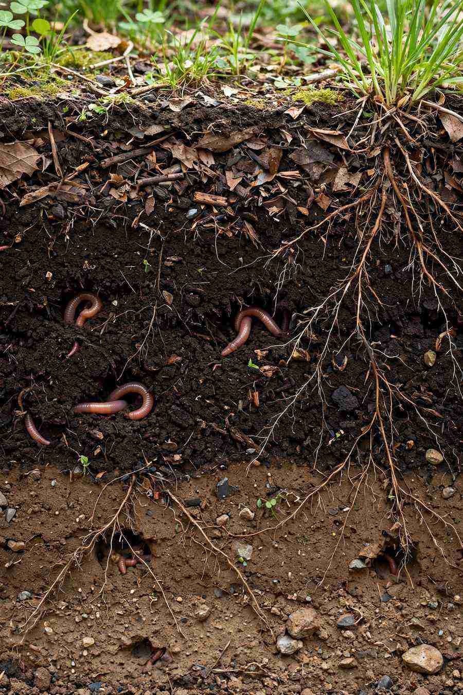 Cross-section of healthy garden soil showing layers, earthworms, and plant roots