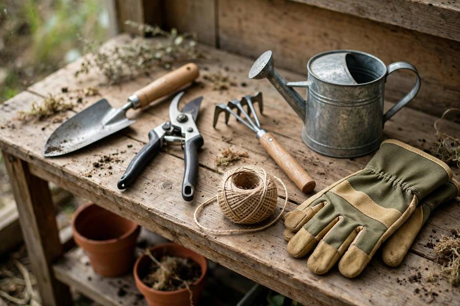 Essential beginner garden tools arranged on a wooden potting bench: trowel, pruners, fork, knife, and gloves