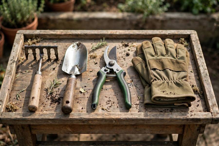 Hands using bypass pruners to harvest ripe tomatoes in a sunny garden
